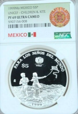 1999 MEXICO SILVER 5 PESOS CHILDREN & KITE NGC PF 69 ULTRA CAMEO RARE TOP POP - Image 1 of 4