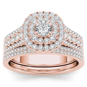 10k Rose Gold Round Cut 1Ct Diamond Bridal Set Ring Size 8 Clarity I2 - Picture 1 of 6