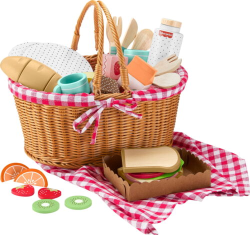Fisher-Price Wooden Picnic Basket and Food Pretend Play Set for Preschool Kids
