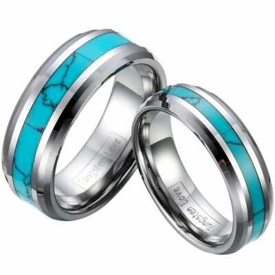 Anillos de tungsteno de 6 mm/8 mm para hombre y mujer con incrustaciones de turquesa sintética Foto 1 de 4