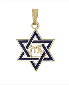 14K Gold Star Of David Pendant Blue Lines " ZION " in Hebrew - 0.7g - 20mmH #23 - Picture 1 of 1