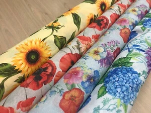 Flowers garden poppies sunflower print curtain material craft blind fabric 140cm - Picture 1 of 25