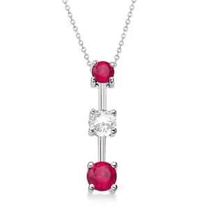 1 CT Round Lab Created Red Ruby 3-Stone Pendant 18" Chain 14K White Gold Plated - Picture 1 of 4