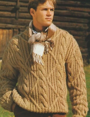 1736  Mans Chunky Cable Sweater 38" -42" VINTAGE KNITTING PATTERN COPY - Image 1 of 2