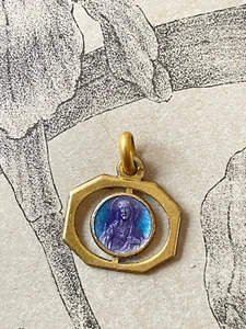 Ancien Pendentif Médaille émaillée en plaqué or Christ Baptème bleu & rose - Picture 1 of 2