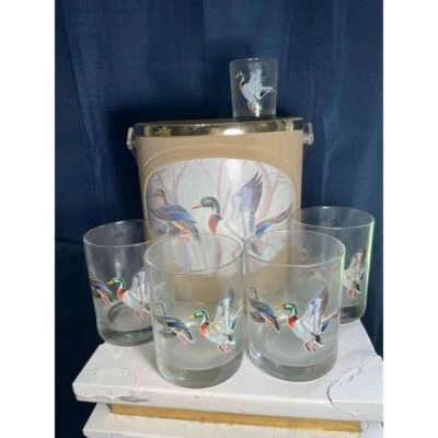 Juego de fiesta de pato vintage de 6 piezas IOB caja de hielo vasos de roca caza Foto 1 de 4