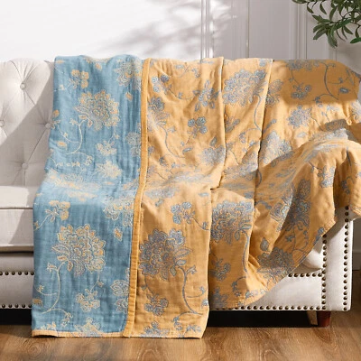 100% Cotton Throw Blanket For Couch 5 Layer Floral Embroidered Blanket 80"X90" - Image 1 of 4