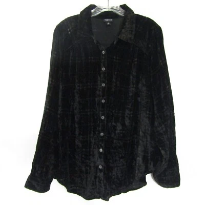 Blusa Torrid Top Terciopelo Burnout Negra Botón a Cuadros Manga Larga Talla 0 = EE. UU. 12 Foto 1 de 4