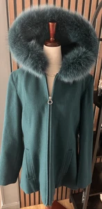 Anne Klein deep green wool coat with fox fur hood 100% wool & real fox fur sz L - Picture 1 of 9