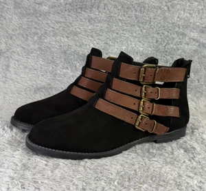 Botines para mujer Bella Vita Ronan de gamuza negra y correa de cuero marrón talla 7 - Imagen 1 de 9