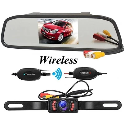 Wireless IR Night Backup Rear View License Plate Camera +4.3" LCD Mirror Monitor - Image 1 of 4