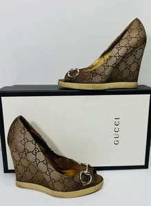 Gucci GG Brown -Bronze Monogram Canvas Wedge Shoes Size 37 - Picture 1 of 12