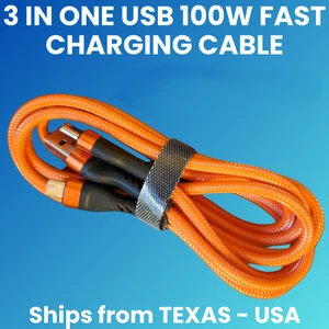 3 in 1 USB 100W Fast Charging Cable 1.2m - Orange - Picture 1 of 3