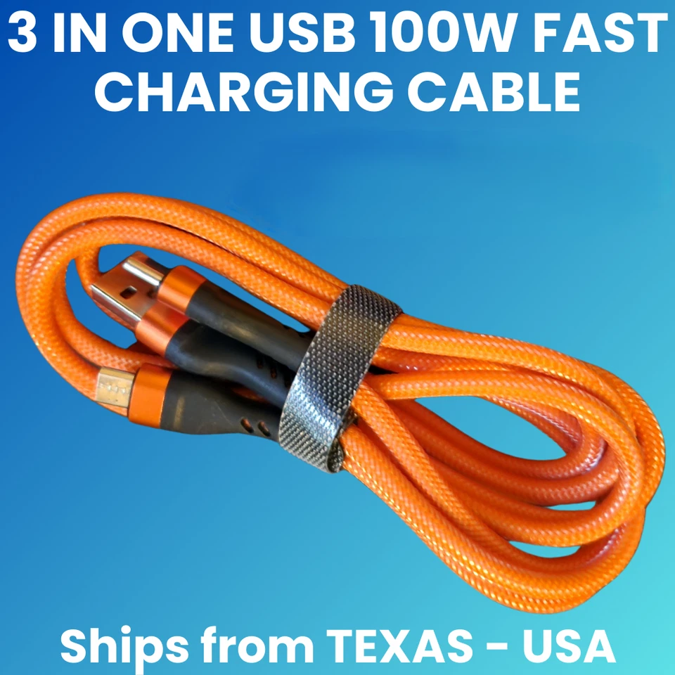 3 in 1 USB 100W Fast Charging Cable 1.2m - Orange - Image 1 of 3