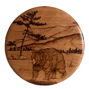 Vtg 2000 Round Cherry Wood Wall Hanging Bear Log Cabin Art 9.75 X 0.75 Signed - Picture 1 of 7