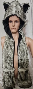 Cappello costume Simplicity nero bianco stampa animalier 3 N 1 pelliccia sintetica cappuccio intero - Foto 1 di 3