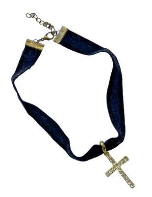 ANTIQUE GOLD TONE BLACK VELVET WITH DROP RHINESTONE CRYSTAL CROSS GOTH GOTHIC - Image 1 of 2