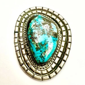LARGE Vintage Turquoise Southwestern Sterling Silver BOLO SLIDE Unsigned 43.21g - Picture 1 of 14