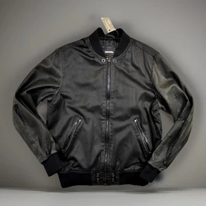 Mens Diesel Black Bomber Jacket Size S Leather Sleeves Biker utility coat waxed - Picture 1 of 18