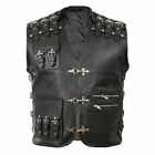 BLACK Mens GENUINE Leather Gilet Biker Rock Cut Waistcoat Vest Most Sizes VEST29