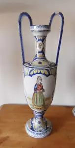 ANTIQUE HR HENRIOT QUIMPER VASE TWO HANDLED URN FRENCH FAIENCE , PEASANT WOMAN - Picture 1 of 14