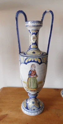 ANTIQUE HR HENRIOT QUIMPER VASE TWO HANDLED URN FRENCH FAIENCE , PEASANT WOMAN - Image 1 of 4