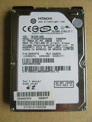 Hitachi HTS542520K9SA00 200GB 2.5" SATA HDD DA2031 5K250-200 0A54975 Thailand - Image 1 of 4