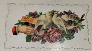 VTG Victorian Embossed Die Cut With Fond Love to Thee Gift Card Tag Rose Doves