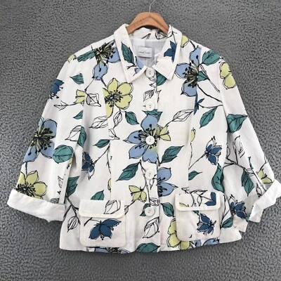 Emma James Jacket Womens 14 Blue Floral Linen Blend Button Collared 3/4 Sleeves - Image 1 of 4