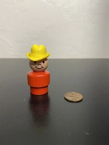 Vintage Fisher-Price Little People Boy Farmer Cowboy Red Wood Body Yellow Hat - Picture 1 of 5