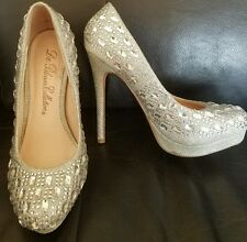 De Blossom Collection Womans Rhinestone Heels Silver Wedding Pageant Shoes 6.5