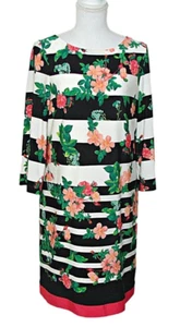Eliza J Sz 12 Floral Stripe Midi Dress Womens Black White 3/4 Sleeve Round Neck - Picture 1 of 12