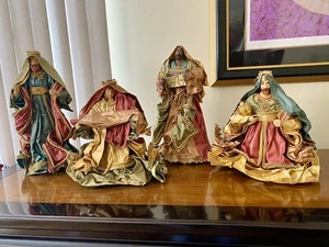 Balsam Hill 4 Pc Tall & Wide Christmas Nativity Set Gold Red Green Fabric Mache - Picture 1 of 18