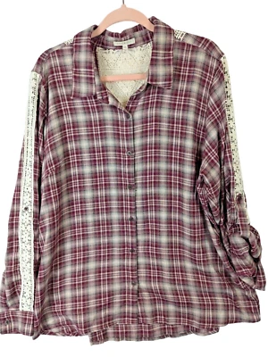 Camisa informal bohemia occidental Kate & Sam XXL de encaje a cuadros con botones para mujer Foto 1 de 4