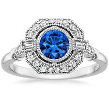 Anniversary Ring Solid 14k White Gold 1.80 Cts Blue Sapphire Diamond Engagement