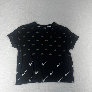 Nike Shirt Womens Small Short Sleeve Black Cropped All Over Logo Print - Picture 1 of 6