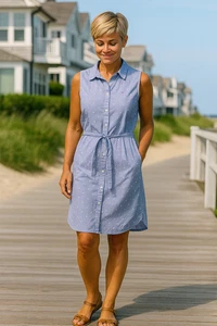 Vestido Tommy Hilfiger Azul W Blanco Hoyuelos Sin Mangas Cinturón Talla 14  - Imagen 1 de 11