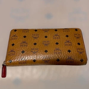 MCM Brown Leather Long Wallet Red Zipper Logo Print Used Condition - Picture 1 of 10
