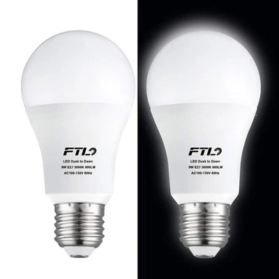 FTL Dusk to Dawn Light Bulbs LED 9W(=60W) Cool White 5000K E27 850LM Outdoor 2-Pack