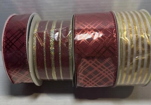 Christmas Wired Ribbon Gold Maroon Stripe Velvet Merry Christmas 20 Yards Total - Picture 1 of 11