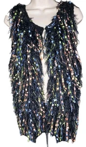 Womens Faux Fur Cloak Short Coat Sequin Knit Fringe Sweater Cardigan NWT Size S - Picture 1 of 12