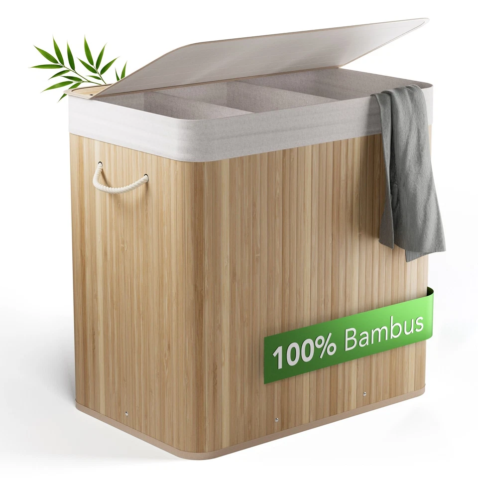 Bambus Wäschekorb 3 Fächer, 170L Wäschesammler mit Deckel&Sack B-WARE Rückläufer - Bild 1 von 1