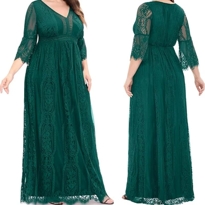 Nuevo con etiquetas Maxi Vestido Pinup Moda Verde Esmeralda Boho Encaje Cuello en V 18W Foto 1 de 4