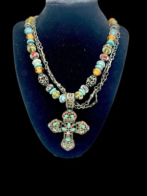 Sweet Romance Turquoise Glass Beads Enamel Cross Necklace Mayan Bronze Finish - Image 1 of 4