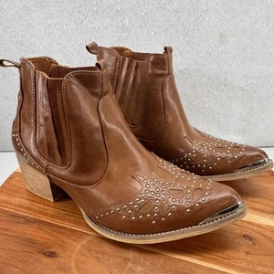 Yoki Western Ankle Boots Studded Detail Silver Toe Brown Size 9 Western Cowgirl - Picture 1 of 11