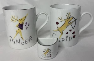 Pottery Barn Reindeer Mugs Dancer Cupid Set of 2 Ceramic + Napkin Ring - Picture 1 of 19