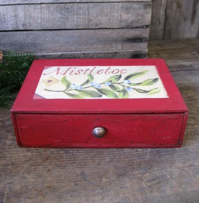Antique Wood One Drawer Chest Red Milk Paint Mistletoe Label - Image 1 of 4