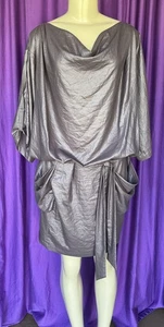 BCBG “Misty Morning” Dark Taupe Shiny Blouson or Drop-Waist Tunic Dress Size L - Picture 1 of 10