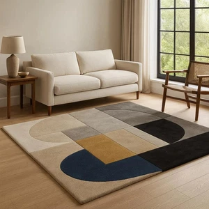 Modern Geometric Hand-Tufted Wool & Silk Blend Rug | Contemporary Color Block Ar - Picture 1 of 7
