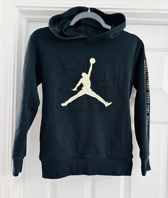 Jordan Youth Black Fleece Pullover Hoodie Sz M ( 10-12 Y) Gold Logo Sleeve Logo - Image 1 of 4